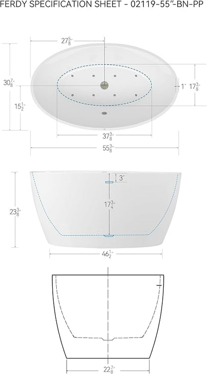 FerdY Tahiti 55 Inch Acrylic Freestanding Whirlpool Bathtub, Oval with 8 Air Water SPA Jets, Morden White Stand Alone Jetted Tub, Luxury Acrylic Free Stand Deep Soaking Bath Tub with LED Light