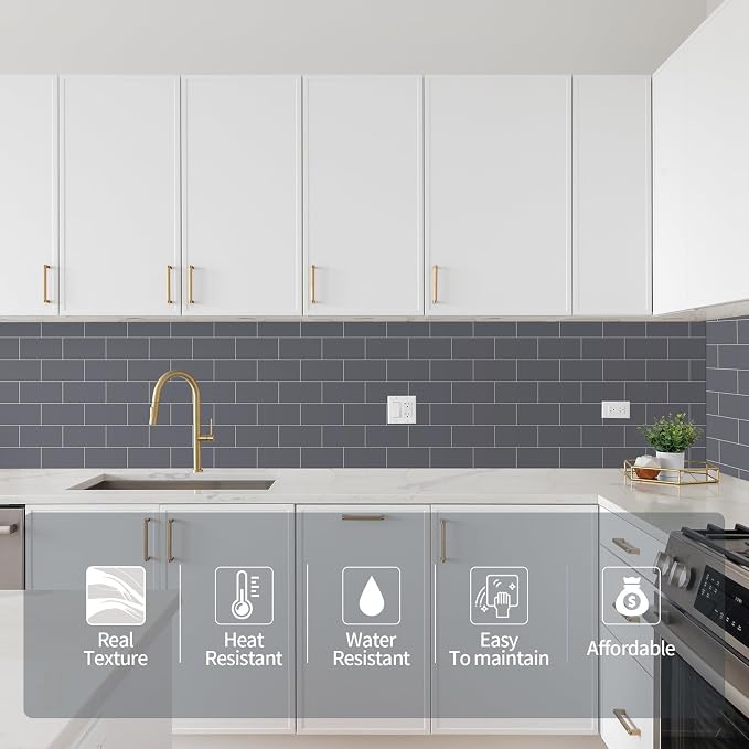 Yipscazo Peel and Stick backsplash 3 x 6 Inches 3D PVC Composite Wall Tile Stick on Backsplash Tile for Kitchen Bathroom, Laundry Room, Fireplace(Gray, 100 Pieces)