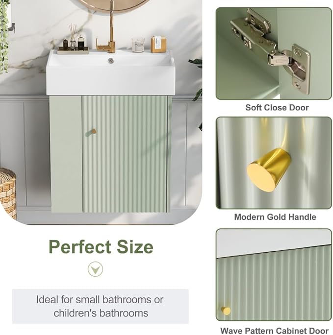 22" Small Bathroom Vanity with Sink, Floating Vanity for Bathrooms with Soft-Close Door and Open Shelf, Wall Mounted Narrow Bathroom Vanities for Compact Bathrooms (Green,22" Floating Left Shelf)