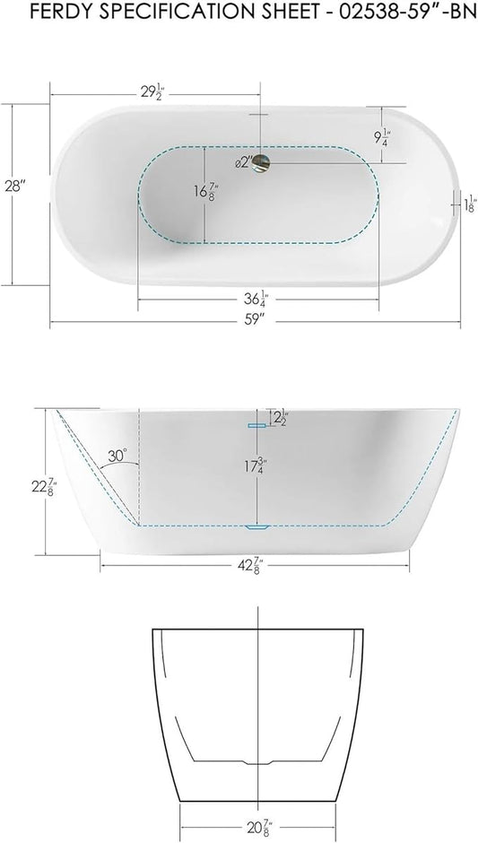 FerdY Bali 59" Acrylic Freestanding Bathtub, Gracefully Shaped Freestanding Soaking Bathtub with Brushed Nickel Drain & Minimalist Linear Design Overflow, Glossy White, cUPC Certified