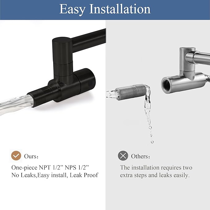 Pot Filler Faucets with Brass Wall Mount Double Joint Swing Arms for Kitchen, Sink, Stove and Bar - Leak Free Designs with High-Flow Aerators - Retractable & Folding for Space Saving - Matte Black