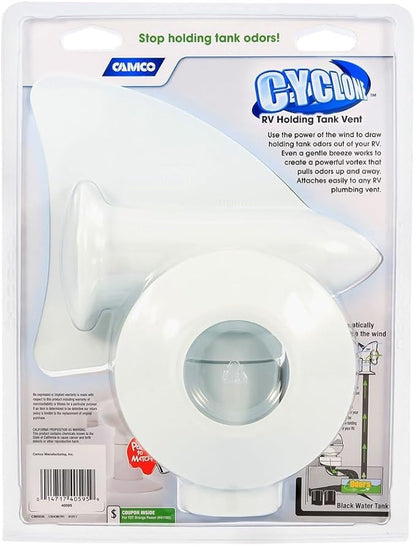 Camco Cyclone Rotating Sewer Plumbing Vent - Rids Odors from Your RV Holding Tank, Rotes 360 Degrees to Pull Odors Up and Away - White (40595)