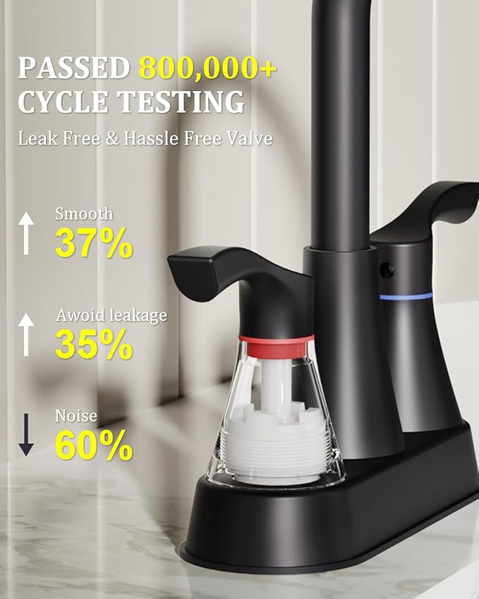 Matte Black Bathroom Faucet 3 Hole, Evolvegoods 4 Inch Stainless Steel Bathroom Sink Faucet, 2 Handle Centerset Faucet for Bathroom Sink Vanity, with Pop Up Drain and 2 Supply Hoses