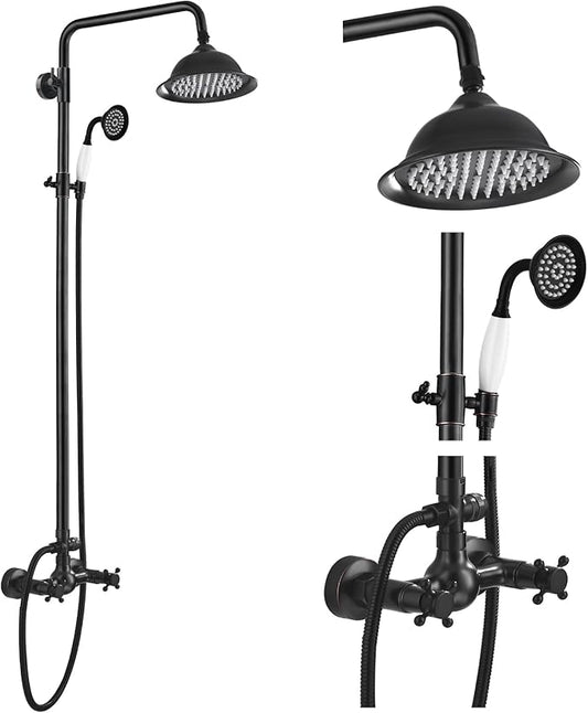 gotonovo Oil Rubbed Bronze Shower Faucet 8 Inch Rainfall Shower Head Set Double Cross Handle Handheld Spray Bathroom Shower System Wall Mount