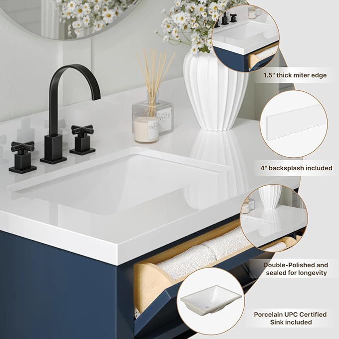 ARIEL 37 inch Bathroom Vanity top with Sink, 1.5 Inch Thick Miter Edge White Quartz top, Left Offset Vanity top with Rectangle Porcelain Sink, Includes Backsplash