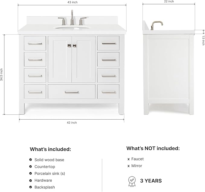 ARIEL Cambridge 42-inch Bathroom Vanity with Sink,Solid Wood, 1.5-inch Pure White Quartz Countertop & Backsplash, Single Oval Porcelain Sink, 2 Soft Closing Doors, 9 Dovetail Drawers, White
