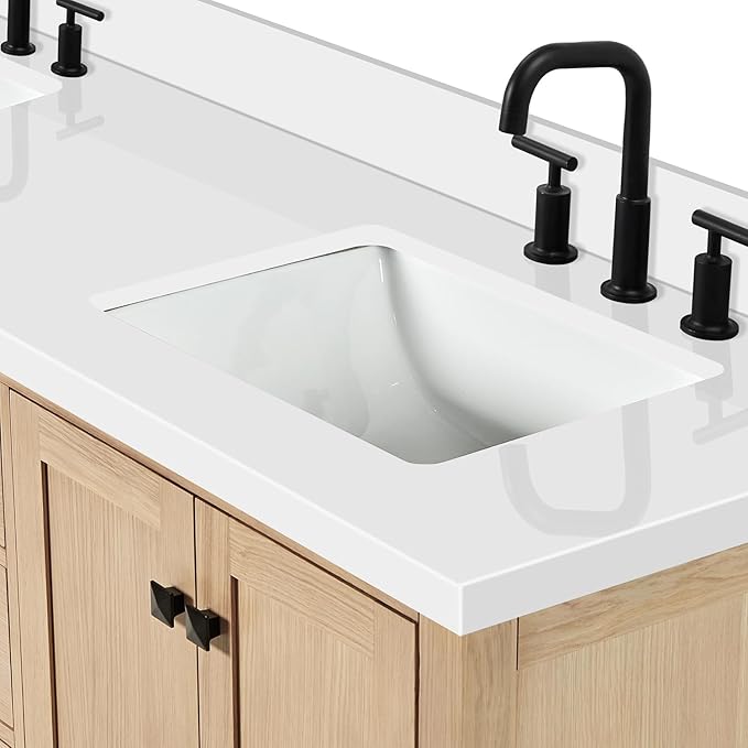 ARIEL 73 inch Double Bathroom Vanity top with Sink, 1.5 Inch Thick Miter Edge White Quartz top, Rectangle Double Sink Vanity top, Includes Backsplash