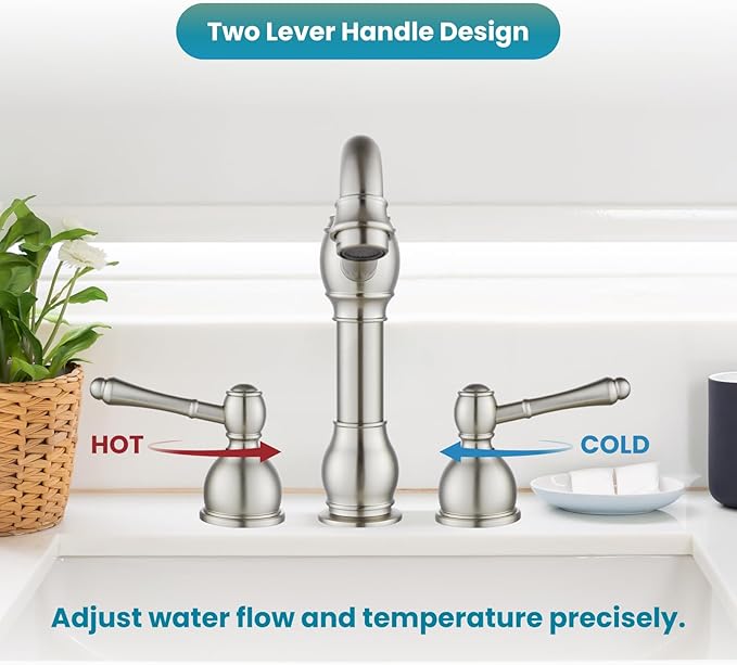 gotonovo 8 Inch Widespread Bathroom Faucets for Sink 3 Hole 2 Lever Handle Deck Mount with Pop Up Drain Hot and Cold Water Supply Lines Brushed Nickel