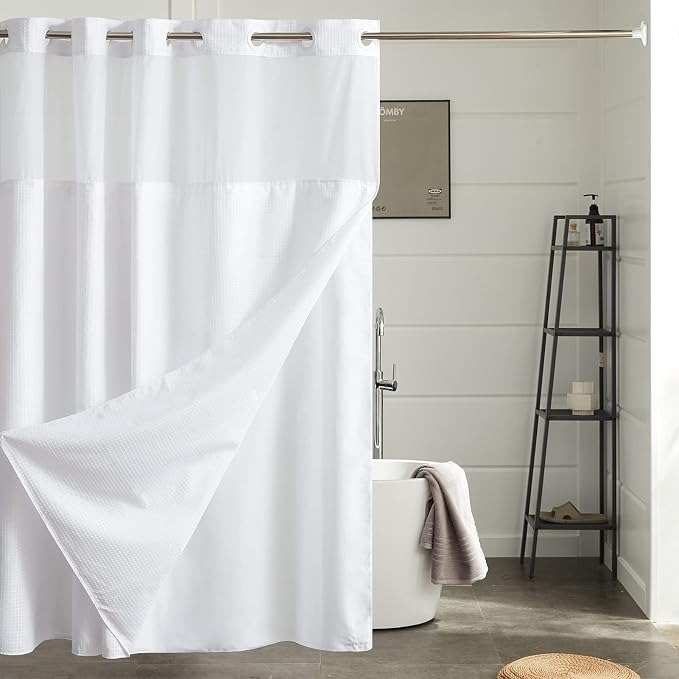 Furlinic Stall Shower Curtain No Hook with Snap in Liner,Waffle Weave Waterproof Bathroom Curtains with See Through Top Window & Weighted Magnets,White,54x80 Inch