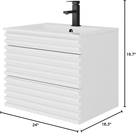 LUCKWIND 24" Floating Bathroom Vanity with Sink, Mid-Century Wall Mounted Big Drawer Cabinet with Ceramic Sink, Water Saving Faucet and Wood Stripes Style, White