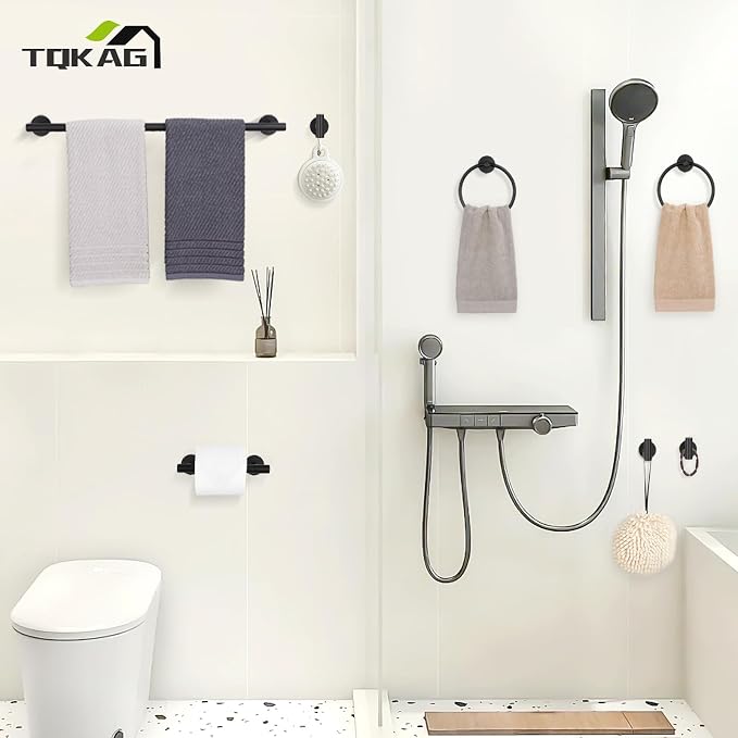 TQKAG 8-Pieces Bathroom Hardware Set, Matte Black Bath Towel Bar Set 23.6" | Towel Racks for Bathroom Wall Mounted, SUS304 Stainless Steel, Towel Bar Set Include Paper Holders, Towel Rings, Towel Hooks