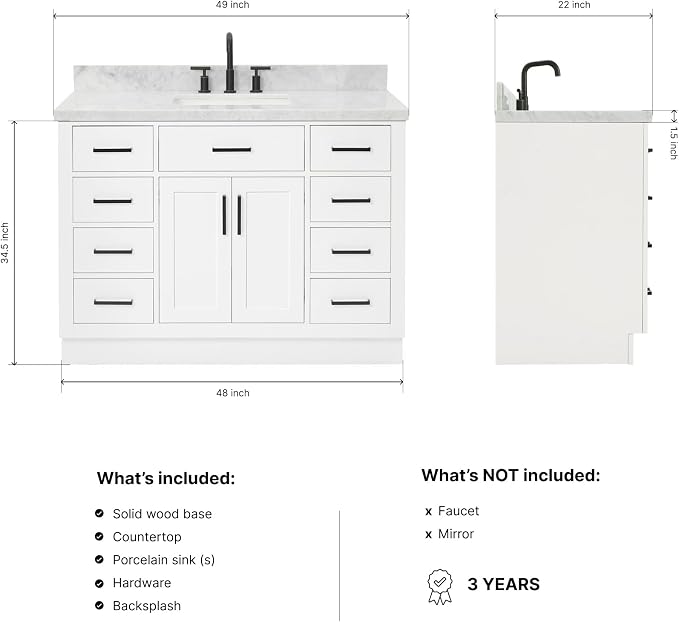 Isabella 48-Inch Bathroom Vanity with Sink — White Single Sink Bathroom Vanity, 1.5" Edge Italian Carrara Marble Top, Solid Wood, 2 Soft-Close Doors, 8 Dovetail Drawers + Tilt Drawer