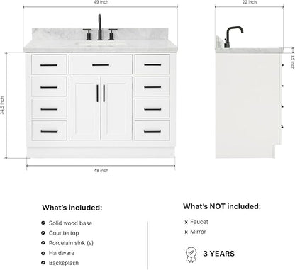 Isabella 48-Inch Bathroom Vanity with Sink — White Single Sink Bathroom Vanity, 1.5" Edge Italian Carrara Marble Top, Solid Wood, 2 Soft-Close Doors, 8 Dovetail Drawers + Tilt Drawer