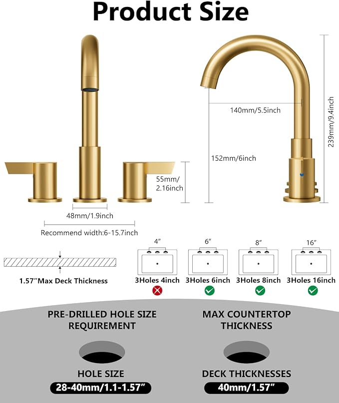 Bathroom Sink Faucet 3 Hole 8 Inch Widespread 2-Handle Vanity Faucet SUS304 Stainless Steel with Pop-Up Drain and Supply Lines Brushed Gold