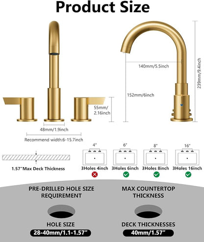 Bathroom Sink Faucet 3 Hole 8 Inch Widespread 2-Handle Vanity Faucet SUS304 Stainless Steel with Pop-Up Drain and Supply Lines Brushed Gold