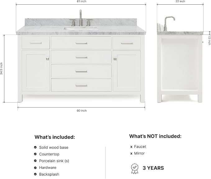 Alenza 60 Inch Bathroom Vanity Single Sink — White Bathroom Vanity with Sink, 1.5" Edge Italian Carrara Marble Countertop & Backsplash, 2 Soft-Close Doors, 5 Dovetail Drawers