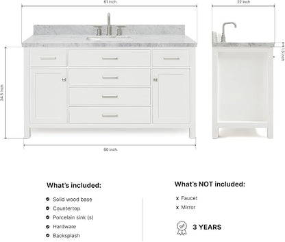 Alenza 60 Inch Bathroom Vanity Single Sink — White Bathroom Vanity with Sink, 1.5" Edge Italian Carrara Marble Countertop & Backsplash, 2 Soft-Close Doors, 5 Dovetail Drawers