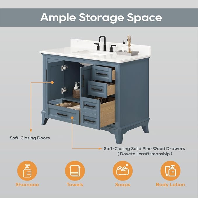 48 Inch Bathroom Vanity with Sink, Modern Bathroom Vanity with White Quartz Countertop, Solid Wood Frame Bathroom Sink Cabinet with Soft Closing Doors & Dovetail Drawers, Steel Blue