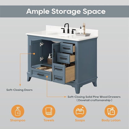 48 Inch Bathroom Vanity with Sink, Modern Bathroom Vanity with White Quartz Countertop, Solid Wood Frame Bathroom Sink Cabinet with Soft Closing Doors & Dovetail Drawers, Steel Blue