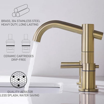 Brushed Gold 8 Inch Widespread Bathroom Faucet, 2-Handle Brass Vanity Sink Faucet 3 Hole with Metal Overflow Drain and cUPC Waterlines, 360-Degree Swivel Spout