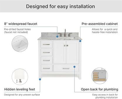 ARIEL Cambridge 36-inch Bathroom Vanity with Sink,Solid Wood, 0.75-inch Italian Carrara Marble Countertop, Single Rectangular Porcelain Sink, 2 Soft Closing Doors, 5 Dovetail Drawers, White