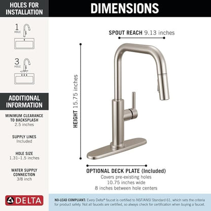 Delta Faucet Nicoli U-Spout Kitchen Faucet with Pull Down Sprayer, Brushed Nickel Kitchen Sink Faucet, Modern Kitchen Faucet, Single Hole Kitchen Faucet, Stainless Steel 19868LF-SS