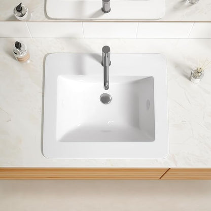 Enbol 21" x 18" Drop-In Bathroom Sink – White Ceramic Rectangular Semi Recessed Bathroom Vessel Sink Top Mount with Single Hole & Overflow (Model O2118）
