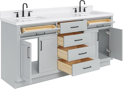 ARIEL Hepburn 72-inch Bathroom Vanity with Sink,Solid Wood, 1.5-inch Carrara White Quartz Countertop & Backsplash, Double Rectangular Porcelain Sink, 4 Soft Closing Doors, 6 Dovetail Drawers, Grey