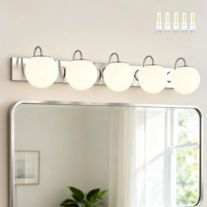 5 Lights Vintage Bathroom Vanity Light Fixtures Over Mirror, Brushed Nickel Vanity Lights For Bathroom With Milk White Glass Globe Shade, Wall Lights For Bedroom, Hallway, Dressing Table(G9 Incl.)