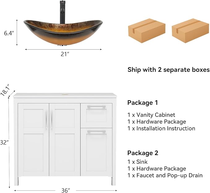 YOURLITE 36" Bathroom Vanity with Sink, White Bathroom Vanity with Faucet & Pop Up Drain Set,Traditional Vanity with Black Glass Bowl Bathroom Sink
