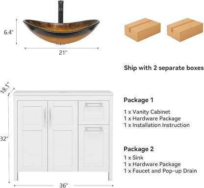 YOURLITE 36" Bathroom Vanity with Sink, White Bathroom Vanity with Faucet & Pop Up Drain Set,Traditional Vanity with Black Glass Bowl Bathroom Sink