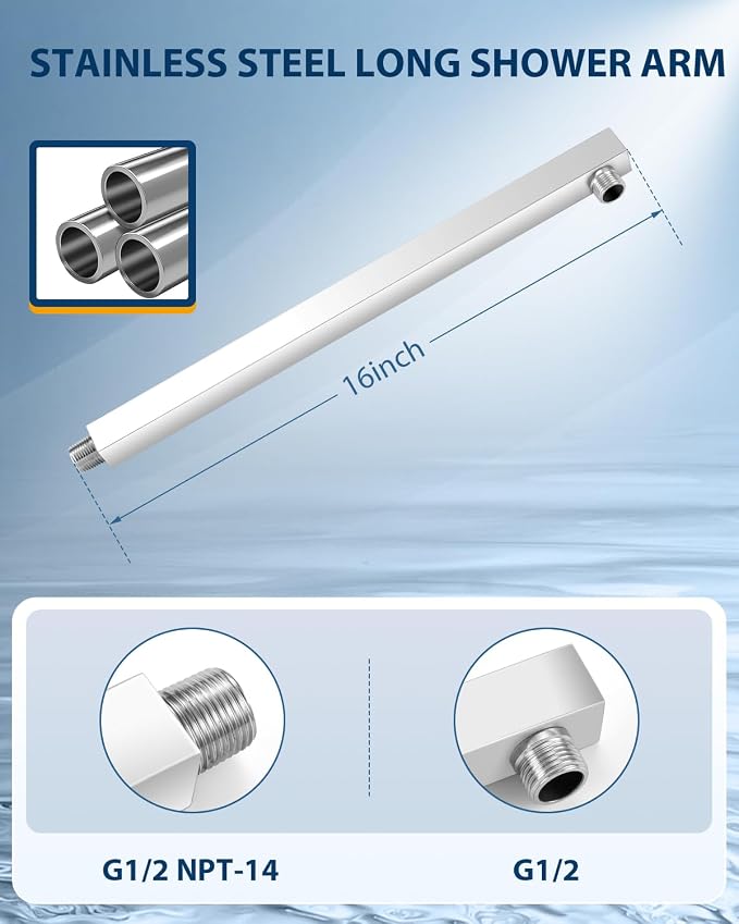 Rain Shower Head with Extension Arm Polished Chrome, 12" Rainfall Square Showerhead with 16" Shower Arm All Stainless Steel, 144 Outlets Waterfall Full Body Coverage