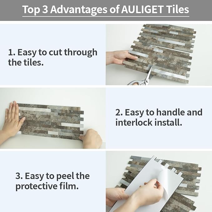 AULIGET 2 Sheets Beige & Brown Slate Peel and Stick Backsplash, PVC Mixed Metal Silver Wall Tile Stick on Backsplash for Kitchen and Bathroom