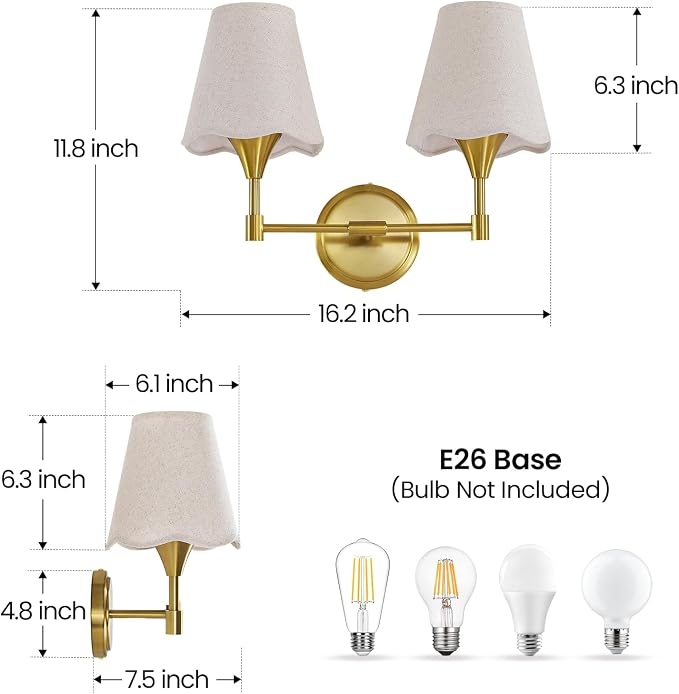 Gold Bathroom Vanity Light Fixtures: Brushed Gold Vanity Lights Over Mirror with Flared Fabric Shade, Modern Bathroom Lighting Fixtures, 2 Light Wall Sconces Lighting for Bedroom Hallway Living Room