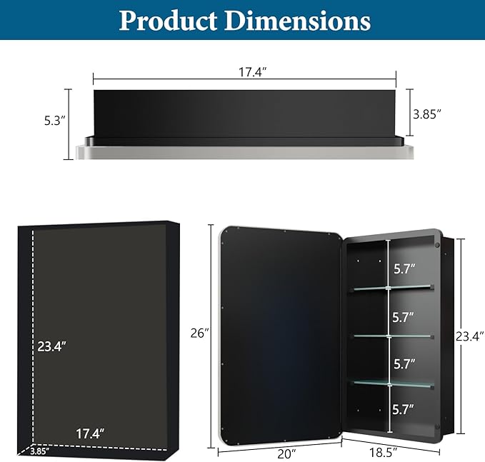 20’’x26’’ Medicine Cabinet,Metal Framed Medicine Cabinet Mirror with Round Corner,Recessed and Surface Mount Bathroom Mirror with Storage, Removeable Shelves,Sliver