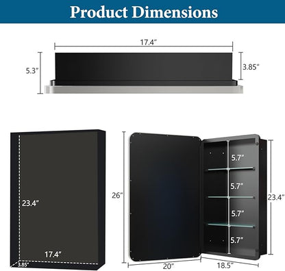 20’’x26’’ Medicine Cabinet,Metal Framed Medicine Cabinet Mirror with Round Corner,Recessed and Surface Mount Bathroom Mirror with Storage, Removeable Shelves,Sliver