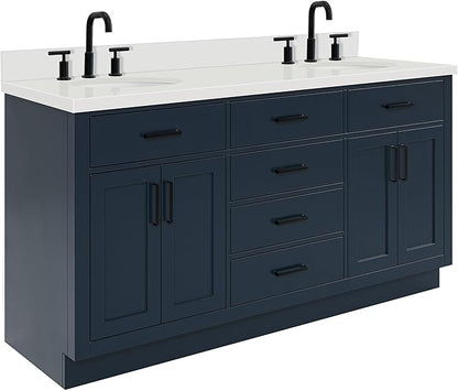 ARIEL Hepburn 66-inch Bathroom Vanity with Sink,Solid Wood, 1.5-inch Pure White Quartz Countertop & Backsplash, Double Oval Porcelain Sink, 4 Soft Closing Doors, 6 Dovetail Drawers, Midnight Blue