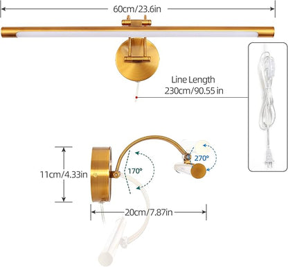 MantoLite 24'' Picture Lights for Wall,Vanity Lights for Bathroom,Plug-in or Hardwired,12W 3000K LED Modern Bathroom Lighting Fixtures Over Mirror and Wall Lights for Bedroom(Brass)