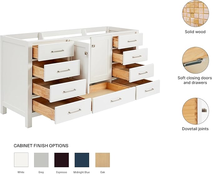 ARIEL Cambridge 66-inch Bathroom Vanity Base Cabinet,Solid Wood, 2 Soft Closing Doors, 9 Dovetail Drawers, White