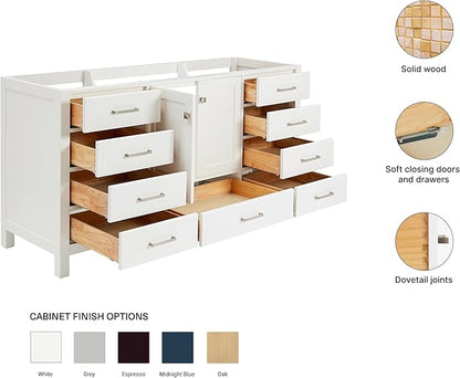 ARIEL Cambridge 66-inch Bathroom Vanity Base Cabinet,Solid Wood, 2 Soft Closing Doors, 9 Dovetail Drawers, White