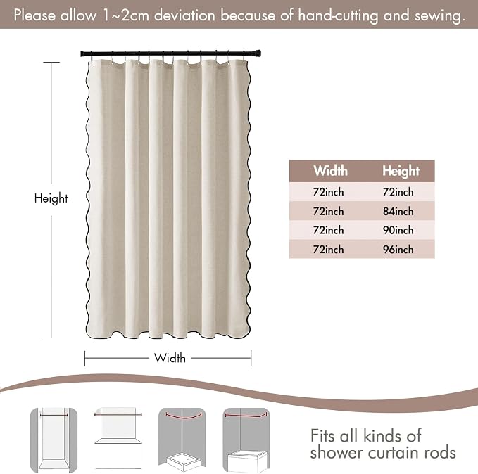 MIULEE 96" Long Natural Scalloped Linen Shower Curtain 72W x 96L | 12 metal hooks, Linen scalloped, waterproof washable, thick heavy cloth, black border, boho farmhouse, bathroom hotel use