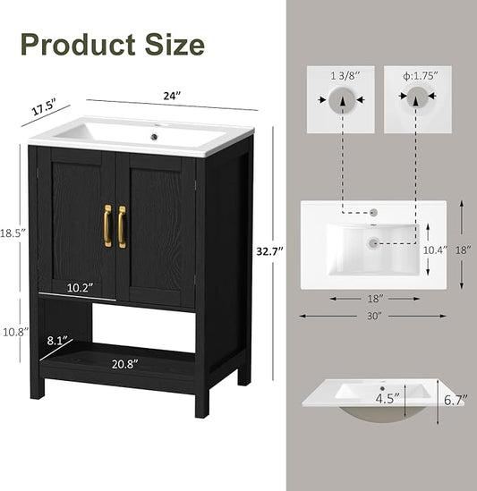 24 Inch Bathroom Vanity with Sink, Small Modern Bathroom Cabinet with LED Light, Bathroom Vanity Set, Double Soft Closing Cabinet Door with Organizer, Black
