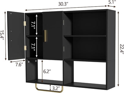Bathroom Wall Cabinet Wood Large Wall Mounted Medicine Cabinet with 2 Doors and 4 Open Shelves Over Toilet Storage Cabinet Organizer with Towel Bar, Black