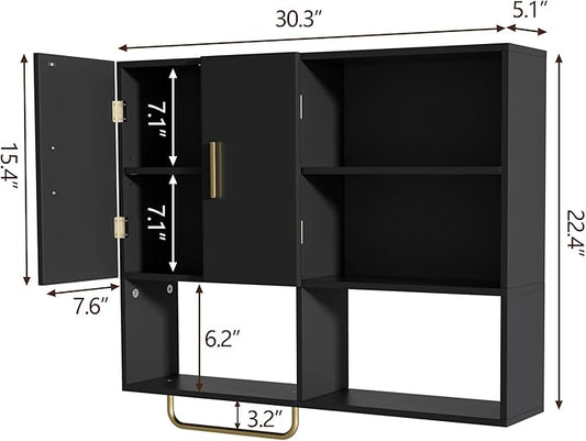 Bathroom Wall Cabinet Wood Large Wall Mounted Medicine Cabinet with 2 Doors and 4 Open Shelves Over Toilet Storage Cabinet Organizer with Towel Bar, Black
