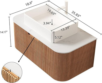 Yayzy 36" Floating Bathroom Vanity with Sink, Solid Wood Fluted Cabinet, White Fluted Square Ceramic Basin & Faux Marble Top, Soft-Close Drawer, Pre-Assembled, Natural Woodgrain