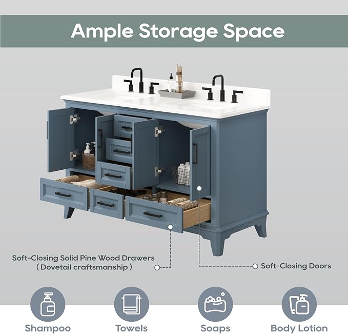 60 Inch Bathroom Vanity with Double Sink, Modern Solid Wooden Frame Bathroom Sink Cabinet with Soft Closing Doors & Dovetail Drawers, Quartz Countertop, Adjustable Feet, Steel Blue