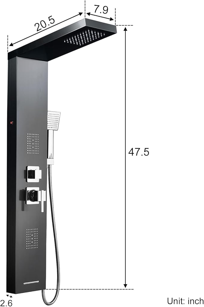 MENATT Stainless Steel Shower Tower Panel System with LED Waterfall Shower, 5-in-1 Shower Panels with Rainfall Shower Head, 2-in-1 Body Jets,Handheld Showerhead,Bathtub Filler (Black)