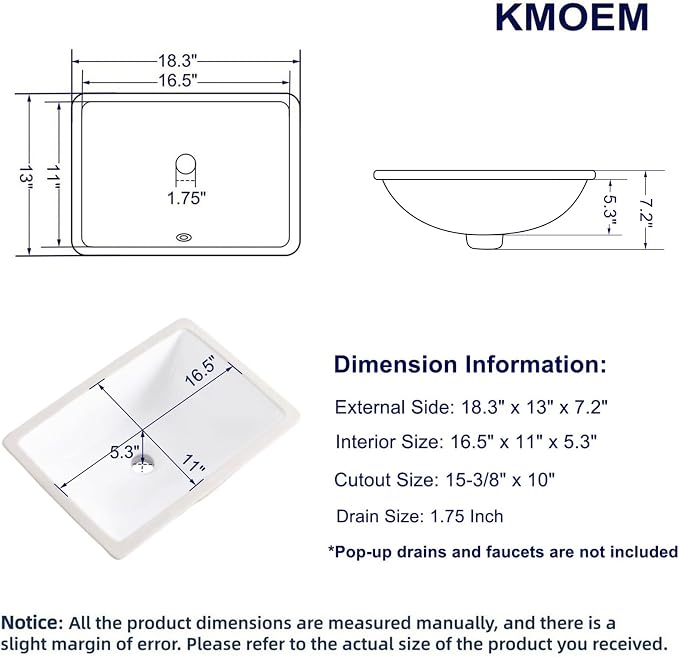 Undermount Bathroom Sink 18x13 Inch Vessel Sink White Porcelain Ceramic Under Counter Lavatory Vanity Sink Basin Rectangular Undermount Sinks with Overflow