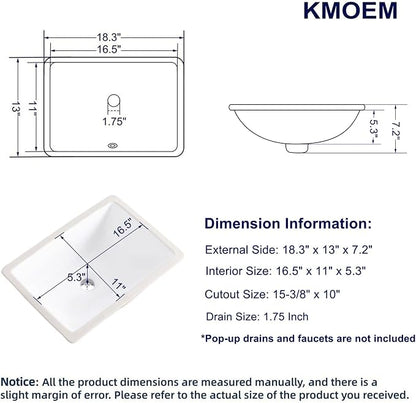 Undermount Bathroom Sink 18x13 Inch Vessel Sink White Porcelain Ceramic Under Counter Lavatory Vanity Sink Basin Rectangular Undermount Sinks with Overflow