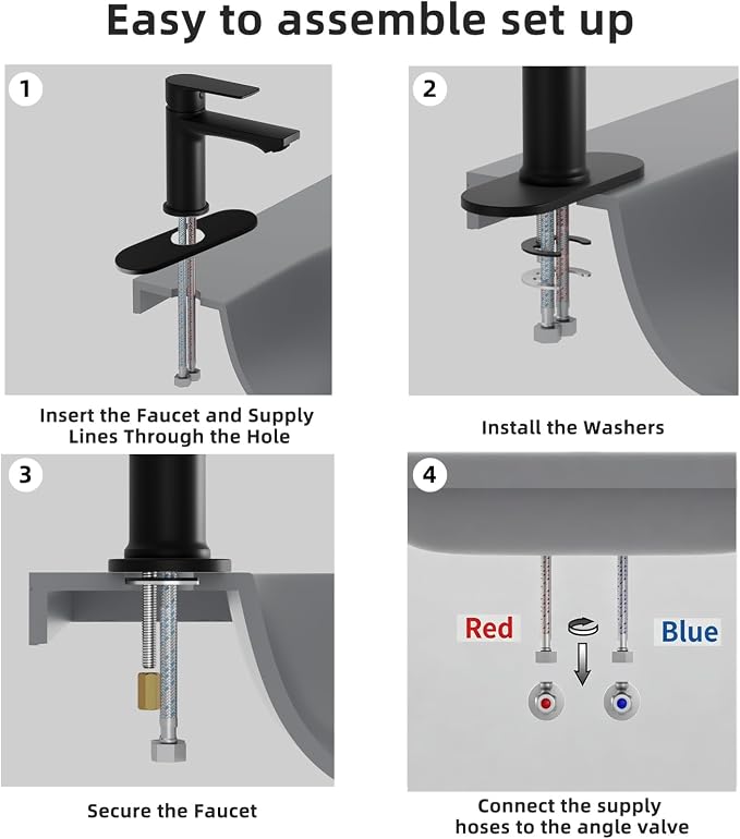 BELZ Black Bathroom Faucet, Lead-Free 1 or 3 Hole (4") Vanity Sink Faucet | NSF372 Compliant, Anti-corrosion Coating, 6'' Single Handle Sink Faucet with pop-up drain & hot/cold hoses, Easy DIY Install